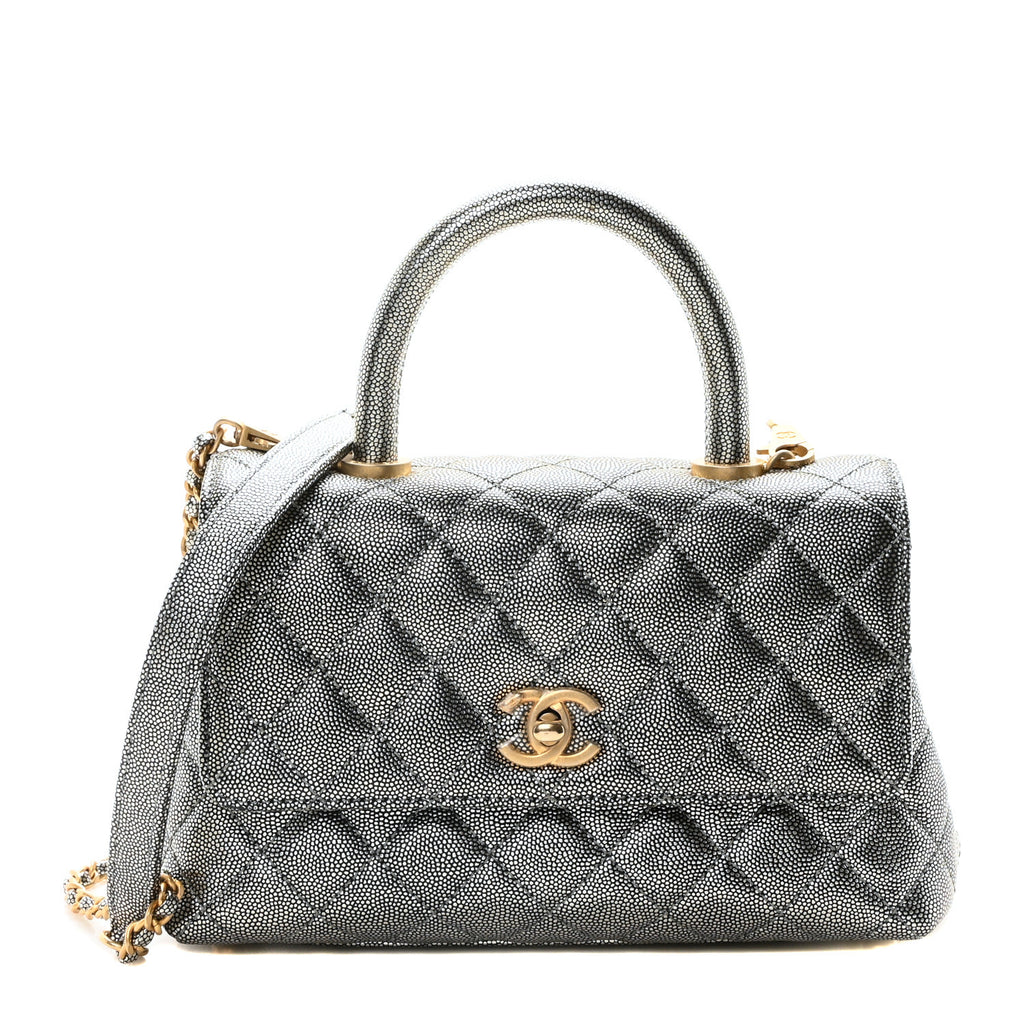 Metallic Caviar Quilted Mini Coco Handle Flap Silver