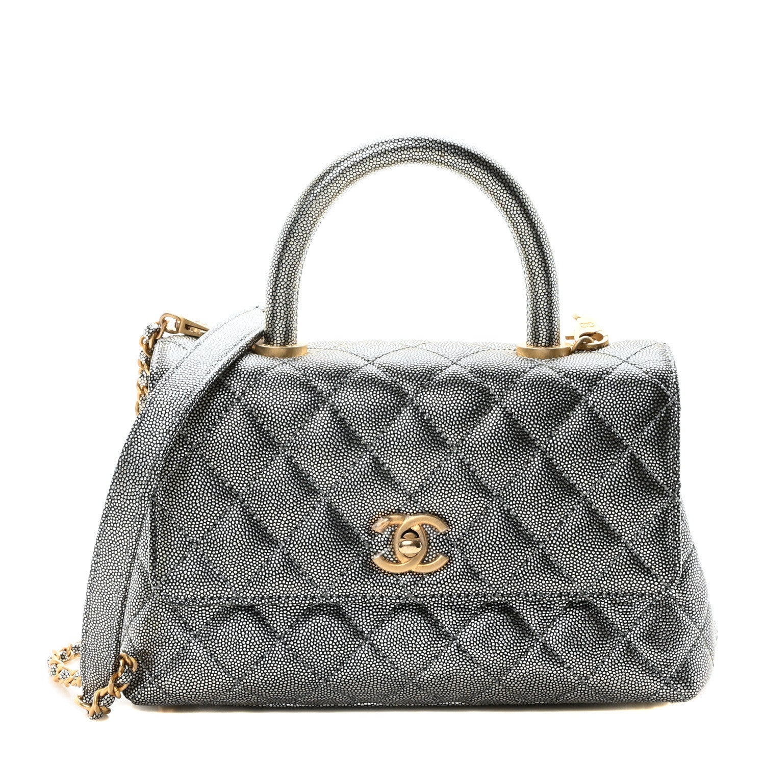 Metallic Caviar Quilted Mini Coco Handle Flap Silver