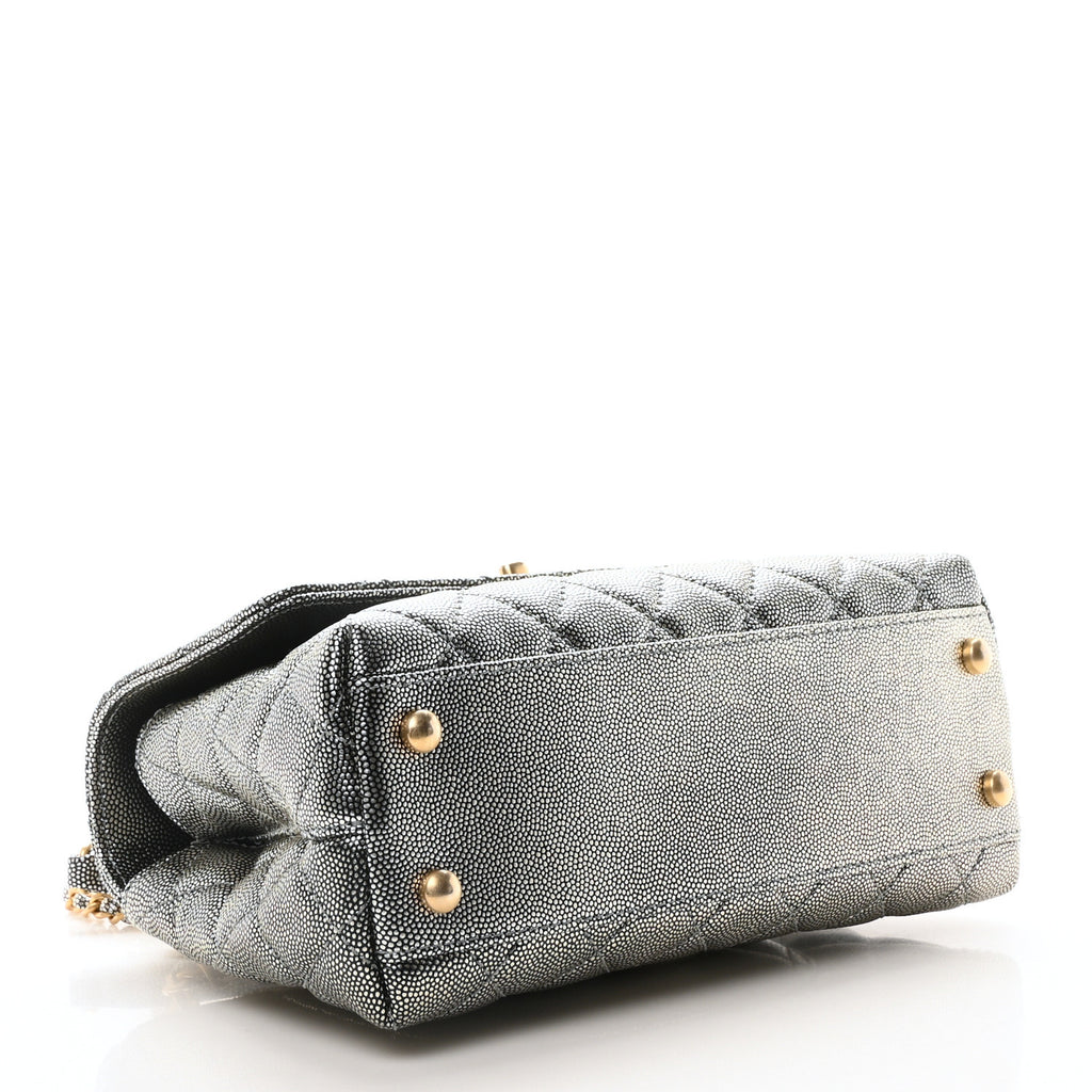 Metallic Caviar Quilted Mini Coco Handle Flap Silver